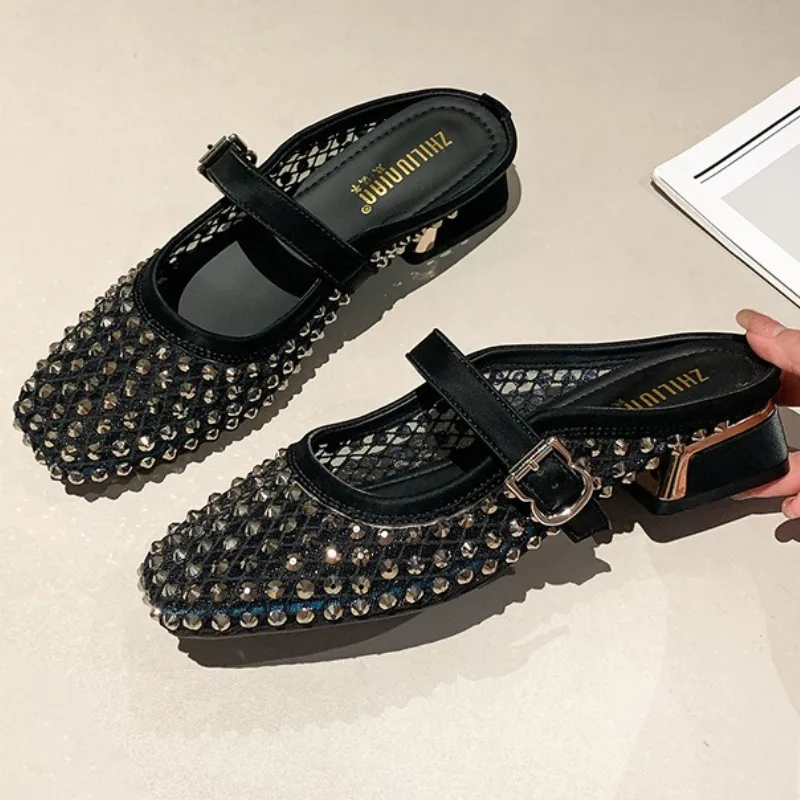 Women Shoes Sandals - Pantofole con tacco grosso con strass